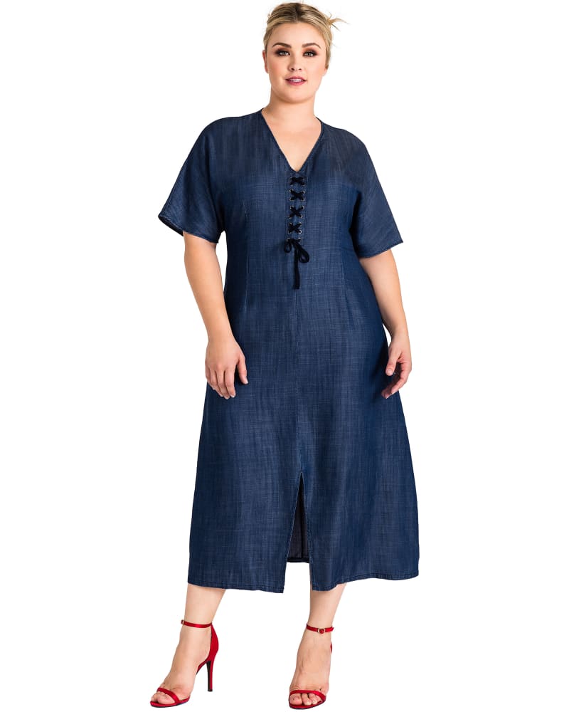 Front of a model wearing a size 1X Athena Lace-Up Denim Midi Dress in Blue by Standards & Practices. | dia_product_style_image_id:276247